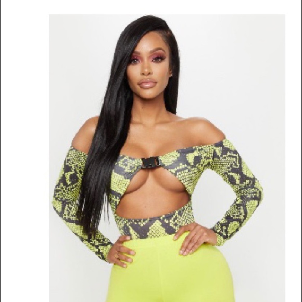 Neon Green Snake Bardot Buckle Front Bodysuit